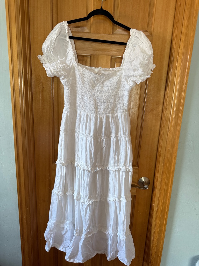 Astr White Smocked Puff-Sleeve Tiered Maxi Dress